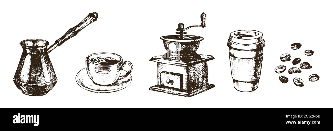 Vector Kaffeekollektion in handgezeichneter Tinte. Tasse Kaffee, Kaffee zu gehen Papierbecher, cezve, Kaffeemühle, Bohnen, isoliert auf weiß. Stock Vektor