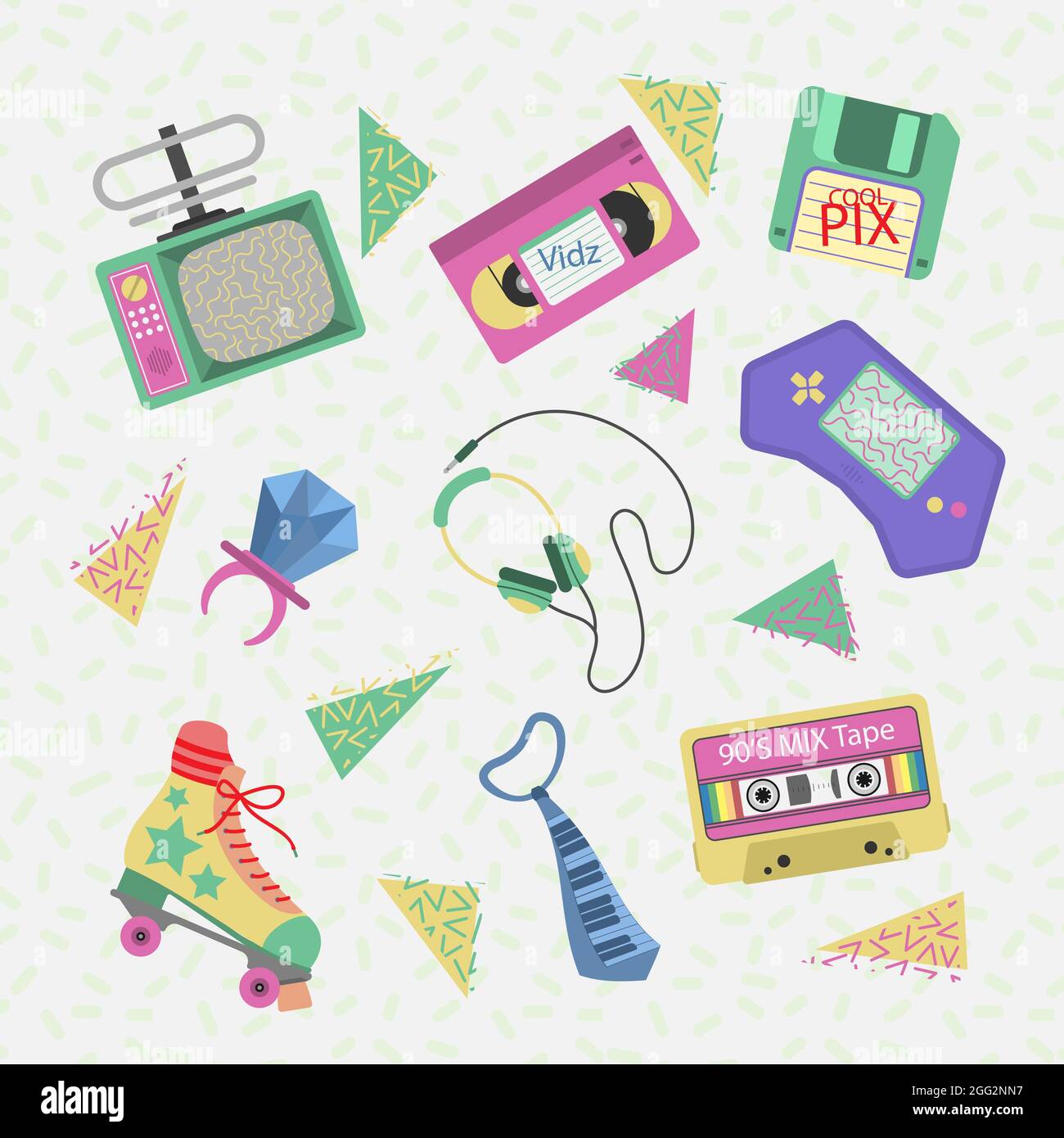 Handgezeichnete flache nostalgische 90s Element Set Vektor-Illustration. Stock Vektor