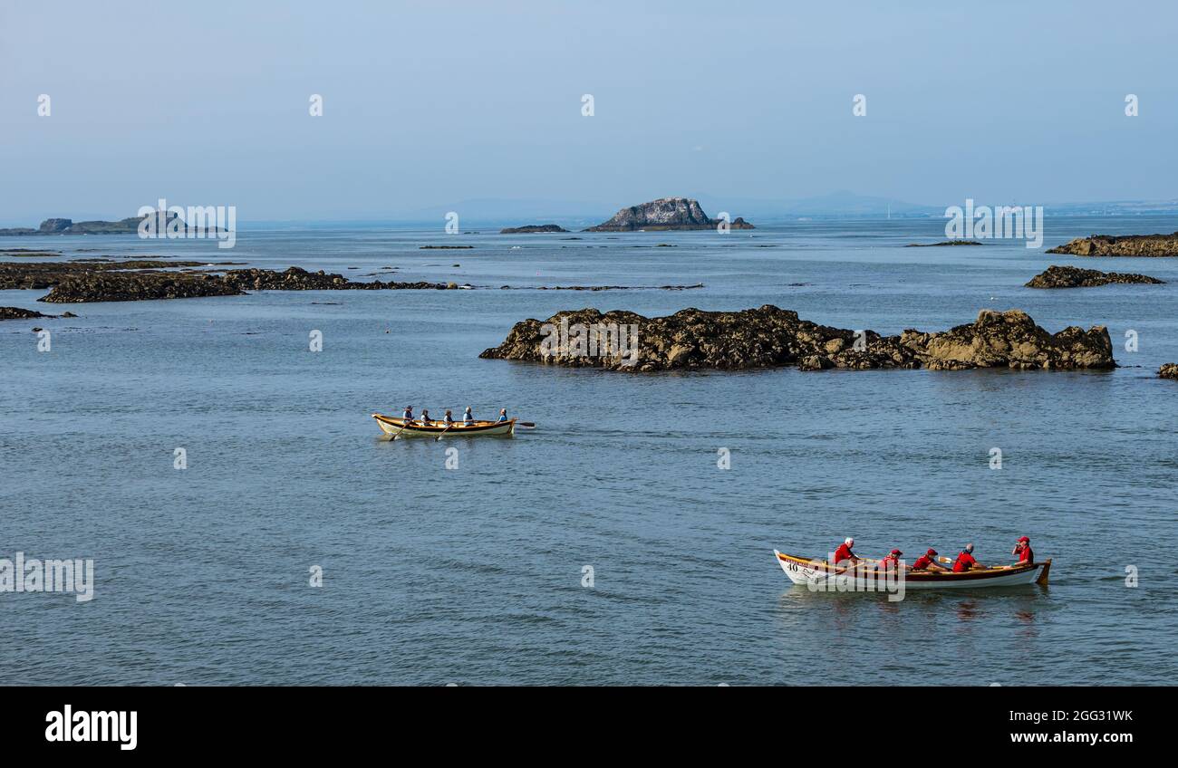 North Berwick, East Lothian, Schottland, Großbritannien, 28. August 2021. UK Wetter: Wassersport. Im Bild: Crews aus den Küstenruderclubs Firth of Forth treten an einem sonnigen Tag bei einer Regatta in St. Ayle's Skiff Ruderbooten an Stockfoto