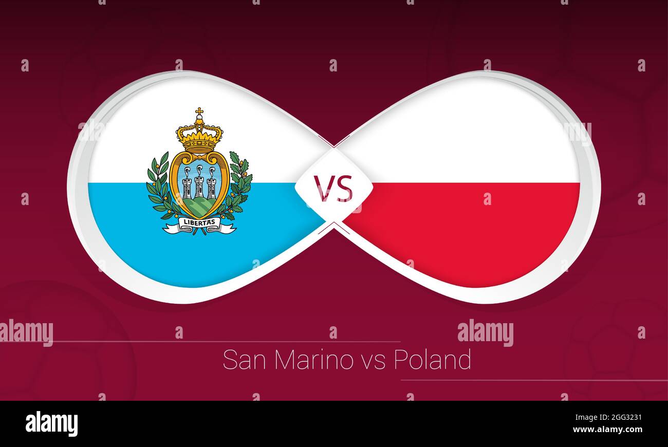 San Marino gegen Polen im Fußballwettbewerb, Gruppe I. gegen Ikone im Fußballhintergrund. Vektorgrafik. Stock Vektor