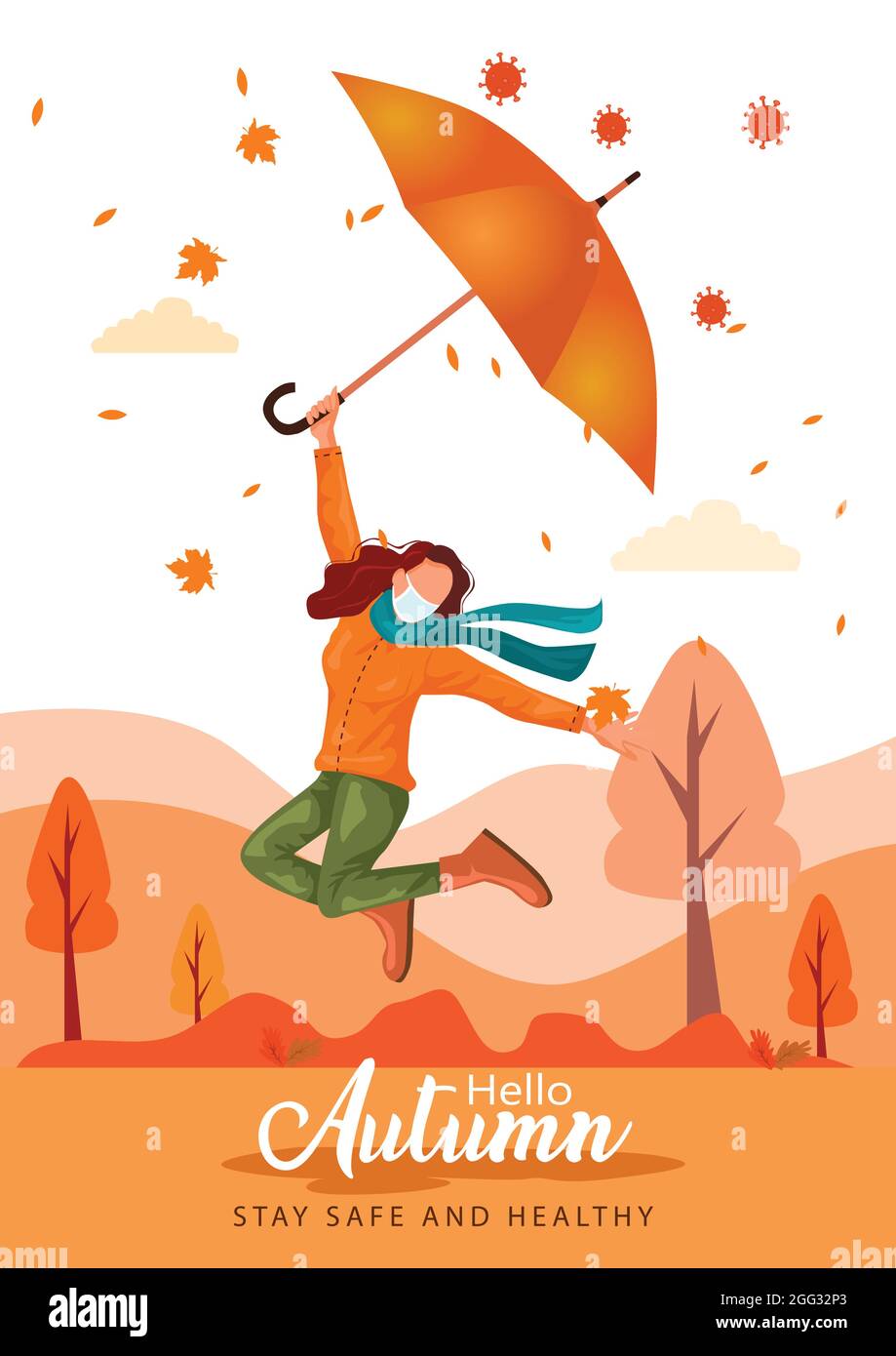 Nettes Mädchen springen mit Regenschirm . Hallo Herbst Vektor Illustration Design mit schöner Natur Hintergrund.covid-19, Corona Virus Konzept Stock Vektor