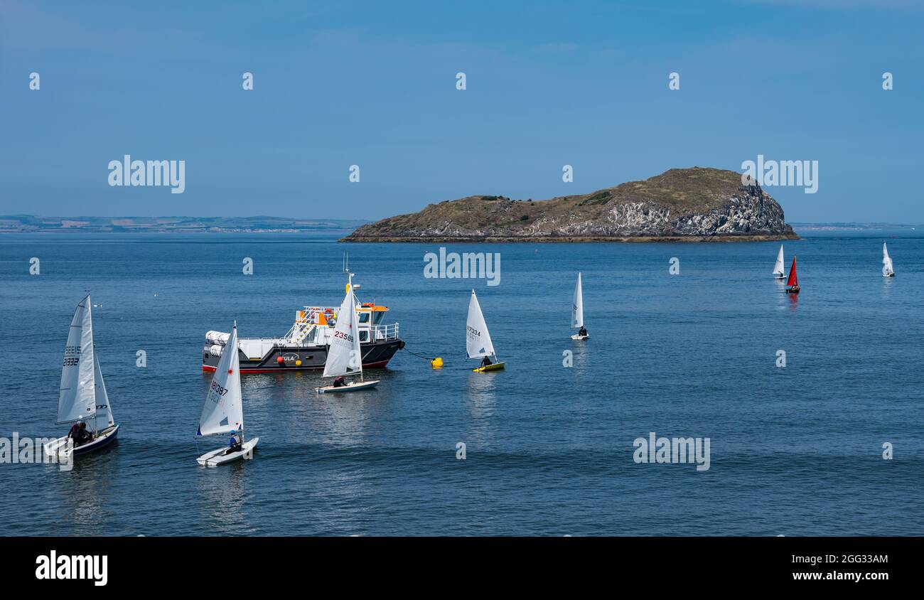 North Berwick, East Lothian, Schottland, Großbritannien, 28. August 2021. UK Wetter: Wassersport. Im Bild: Segelboote aller Art aus dem East Lothian Yacht Club fuhren an einem sonnigen Tag in den Firth of Forth zu einer Segelregatta Stockfoto