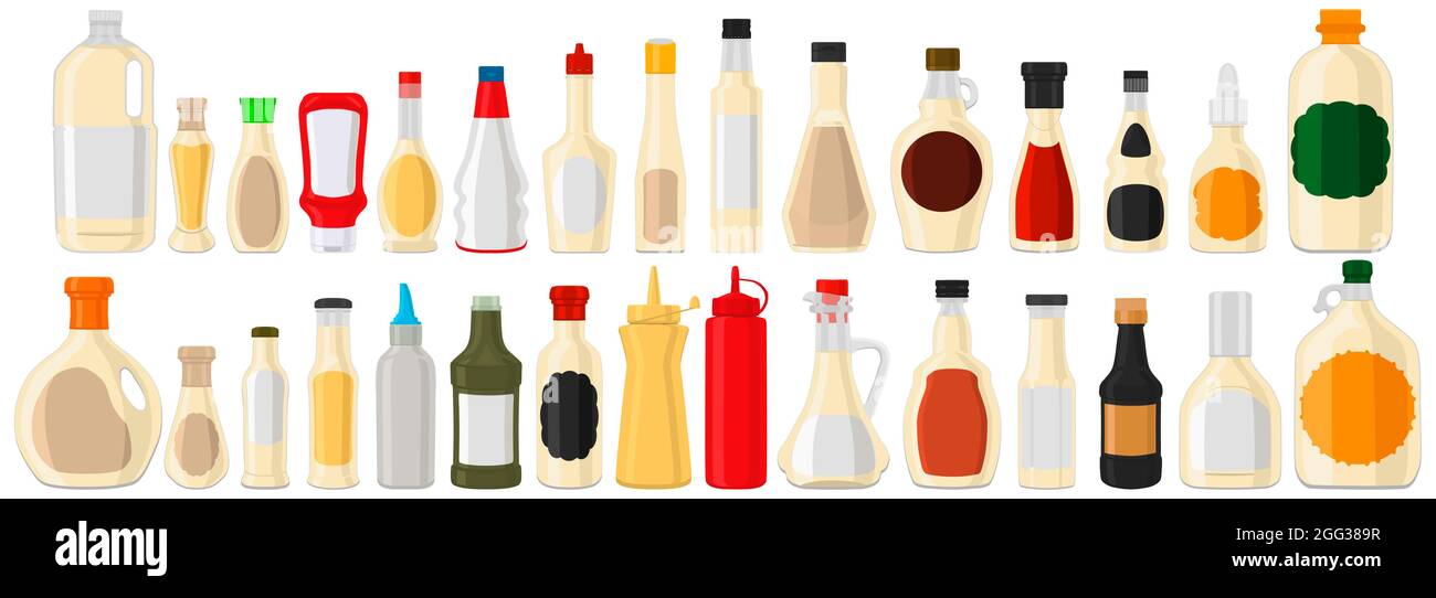 Illustration zum Thema große Kit abwechslungsreiche Glasflaschen gefüllt flüssigen Joghurt Sirup. Flaschen aus Joghurtsirup, leere Etiketten für Titel. Joghurtsystem Stock Vektor