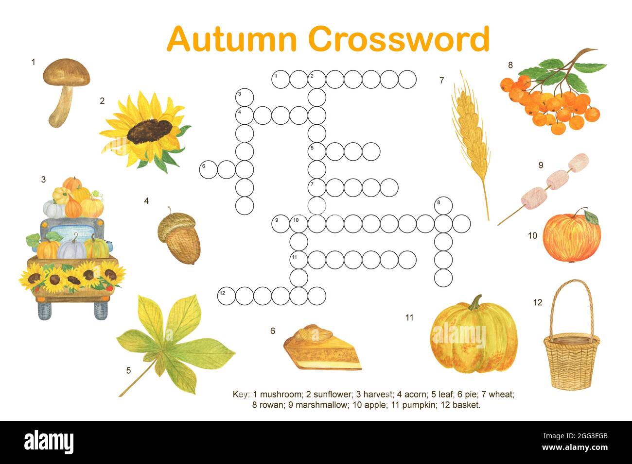 Herbst saisonale Kreuzworträtsel, Herbst Aquarell Aktivitäten druckbare Arbeitsblatt für Kinder, pädagogisches Spiel Stockfoto