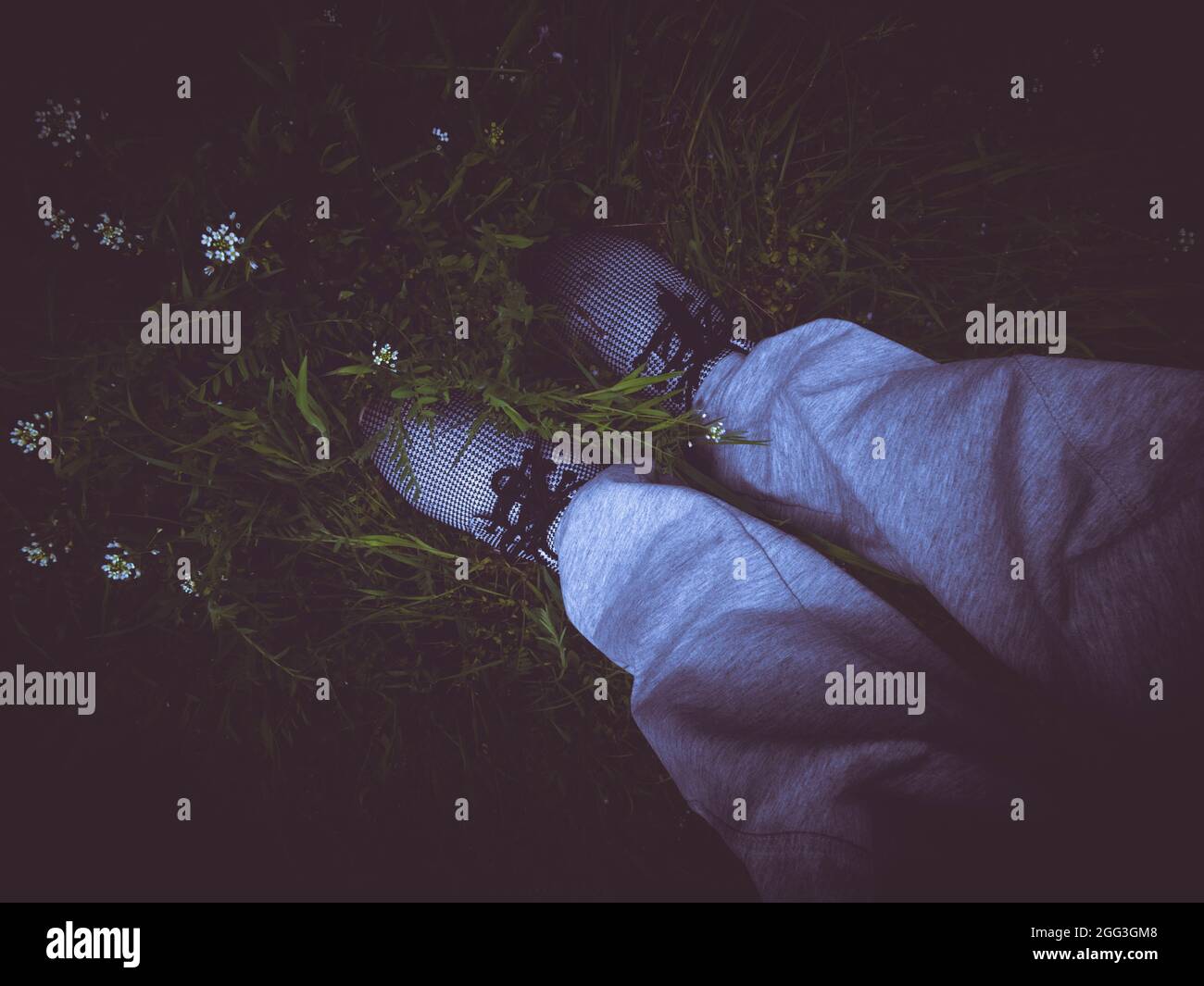 Füße in Schuhen auf grünem Gras Stockfoto