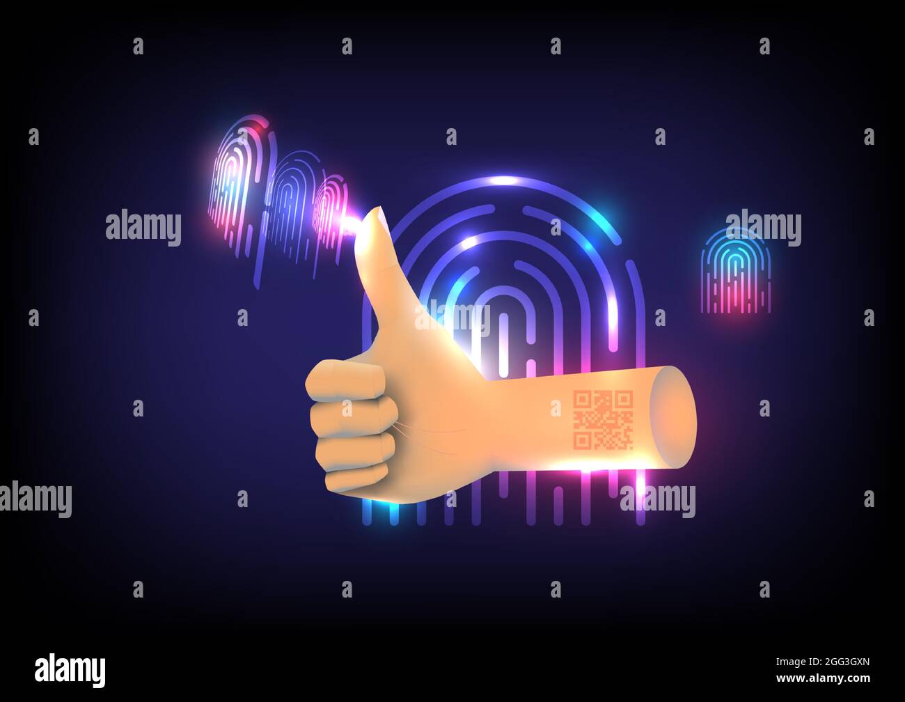 Futuristische Technologie glühender Fingerabdruck. 3D thum Up und qrcode am Arm. Mobiles Scannen für Entsperrung und Schutz der Privatsphäre. Abstraktes Social-Media-Backgroun Stock Vektor