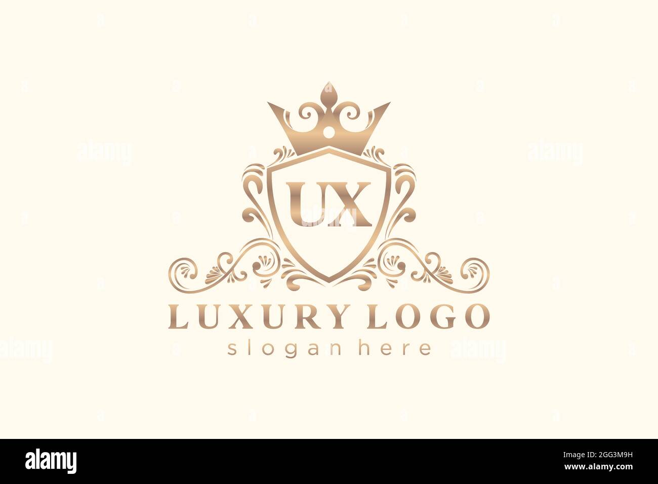 UX Letter Royal Luxury Logo Vorlage in Vektorgrafik für Restaurant, Royalty, Boutique, Cafe, Hotel, Heraldisch, Schmuck, Mode und andere Vektor illustrr Stock Vektor