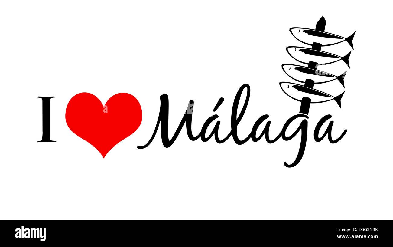 Schöne Typografie-Design mit Spieß von Sardinen, Logo des Namens malaga der europäischen Stadt Europas mit rotem Herz geeignet für den Tourismus oder Pro Stockfoto