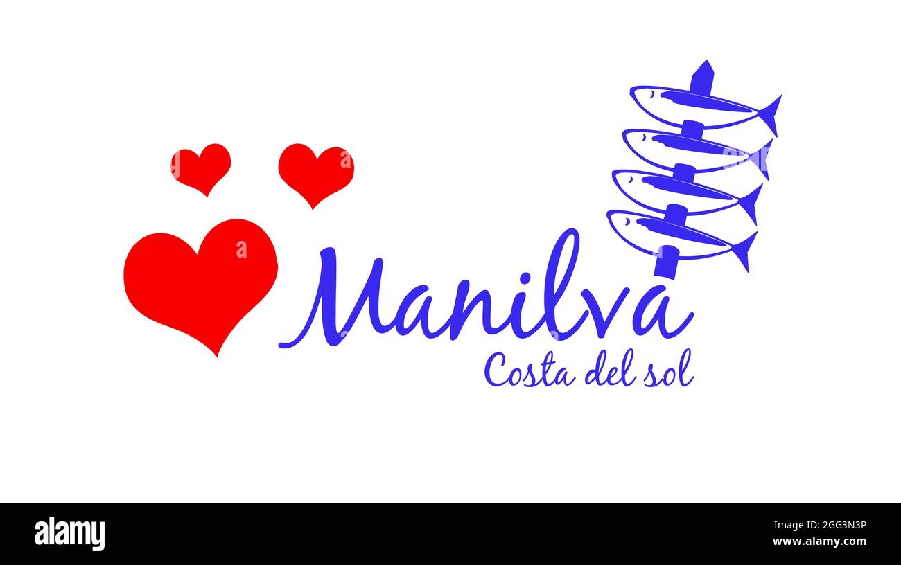 Manilva schönes Typografie-Design mit Sardinenspieß, Namenslogo Stockfoto