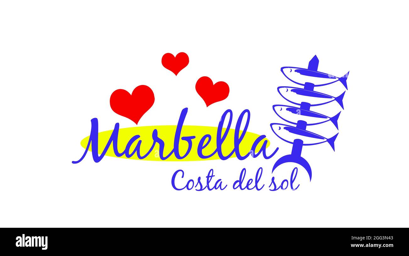 Marbella-Logo im modernen Stil. Sardinenspieß-Logo für Souvenirs Stockfoto