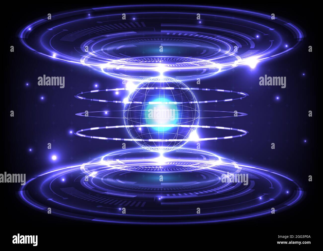 Portal und Hologramm Wissenschaft futuristisch. Digitaler Hi-Tech-Projektor Sci-Fi in leuchtendem HUD-Format. Magisches Tor in der Spielfantasie. Circle Teleport Podium. GUI und U Stock Vektor