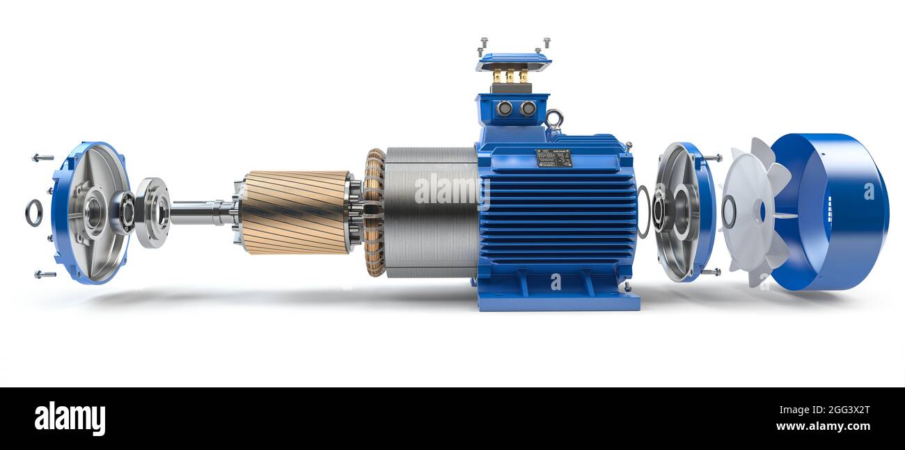 Teile und Struktur des Elektromotors isoliert auf weißem Hintergrund. 3d-Illustration Stockfoto