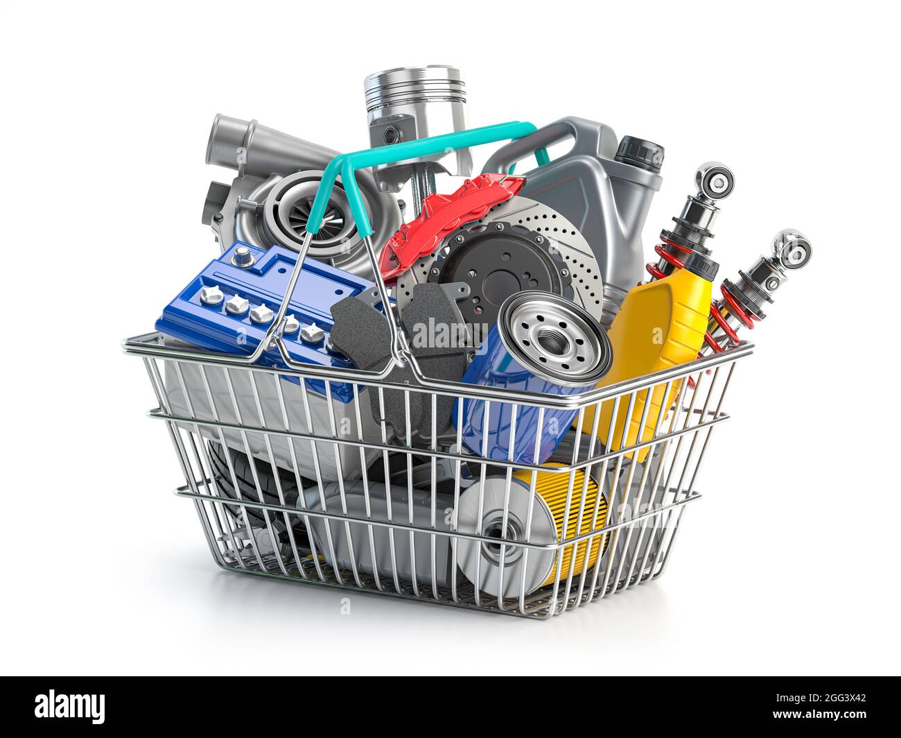 Autoteile und Auto-Ersatz im Warenkorb isoliert auf weiß. 3D Abbildung Stockfoto