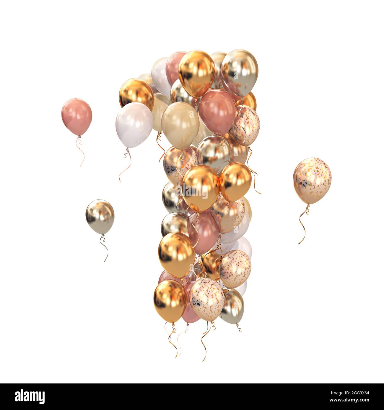 Ballonhaufen in Form von Nummer 1 eins isoliert auf weiß. Textbrief für Alter, Feiertag, Geburtstag, Feier. 3d-Illustration Stockfoto