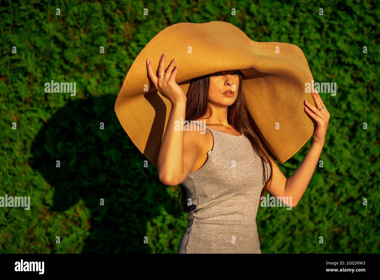 Junge schöne Frau mit großen Sommerhut Stockfoto