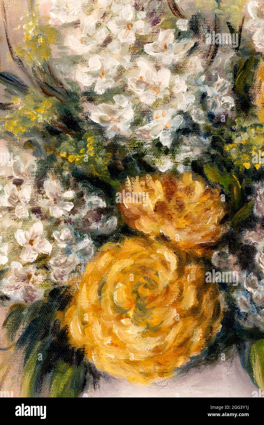 Fragment des Stilllebens Ölgemälde mit oranger Chrysantheme und weißen Fliederblumen in Vase. Stockfoto