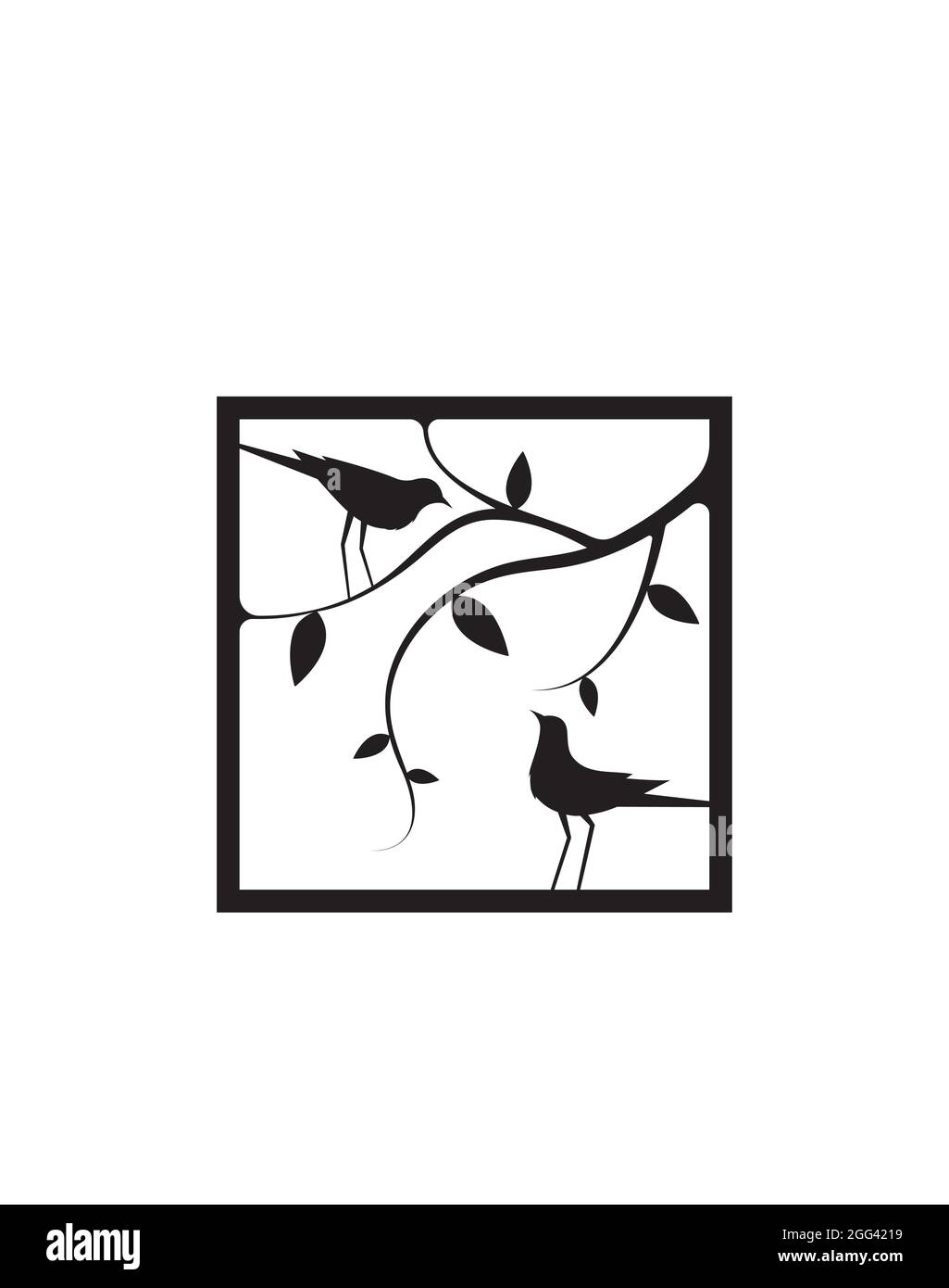 Titel Vögel Silhouetten auf Ast, Metallkunst. Vögel auf Baum Abbildung im Quadrat, Vektor. Minimalistische moderne Wandkunst. Wandkunst, Heimtextilien Stock Vektor