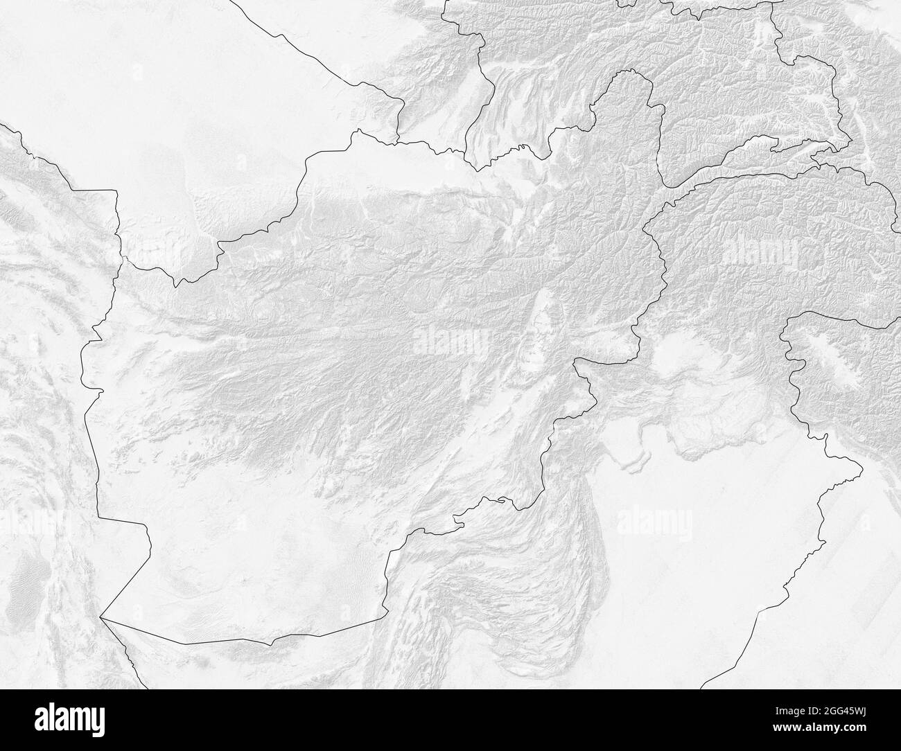 Satellitenkarte von Afghanistan, physische Karte, Reliefs und Berge. Schwarz und Weiß. Landesgrenzen. 3d-Rendering Stockfoto