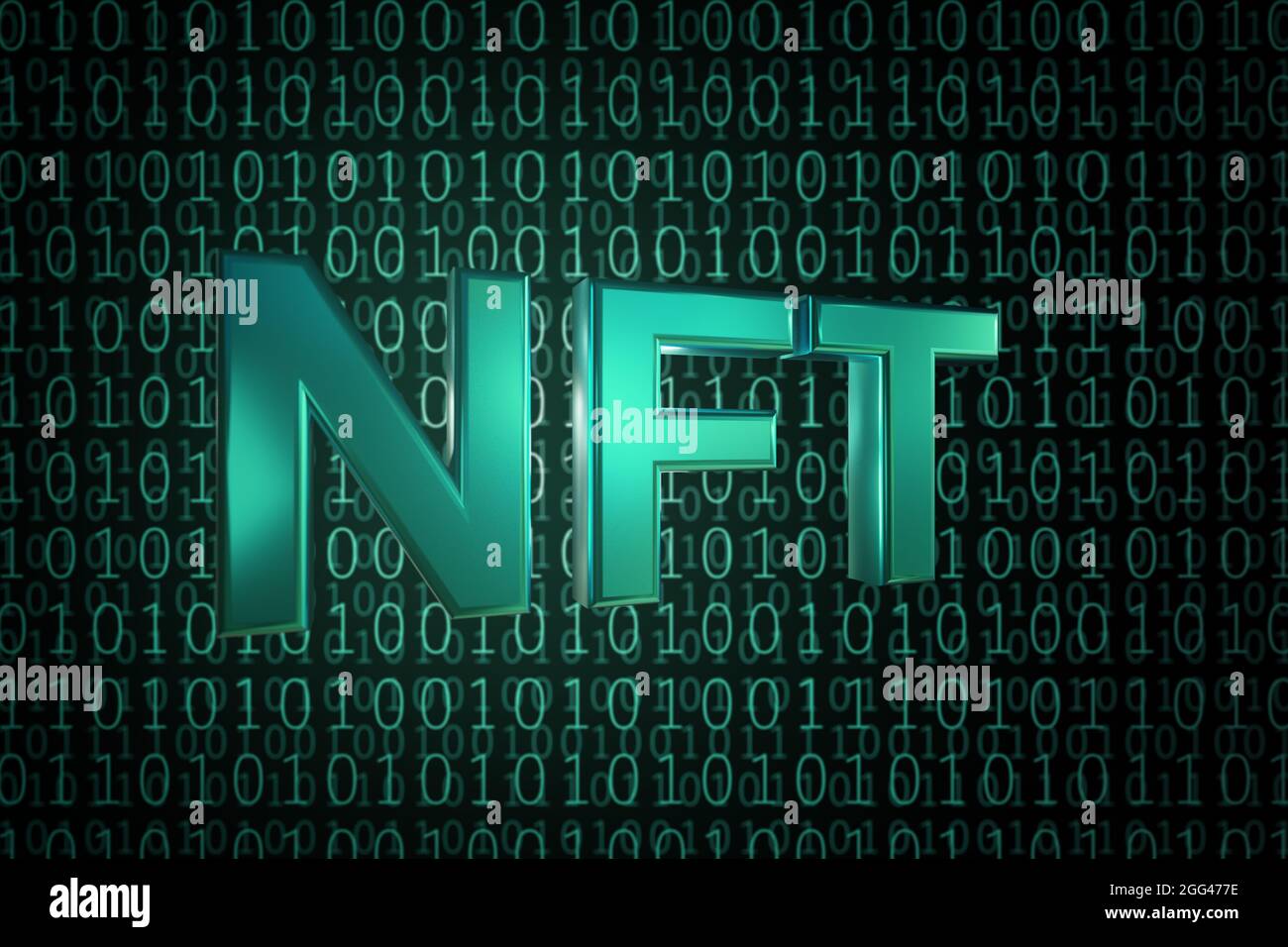 NFT-Text auf Binärcode. 3d-Illustration. Stockfoto