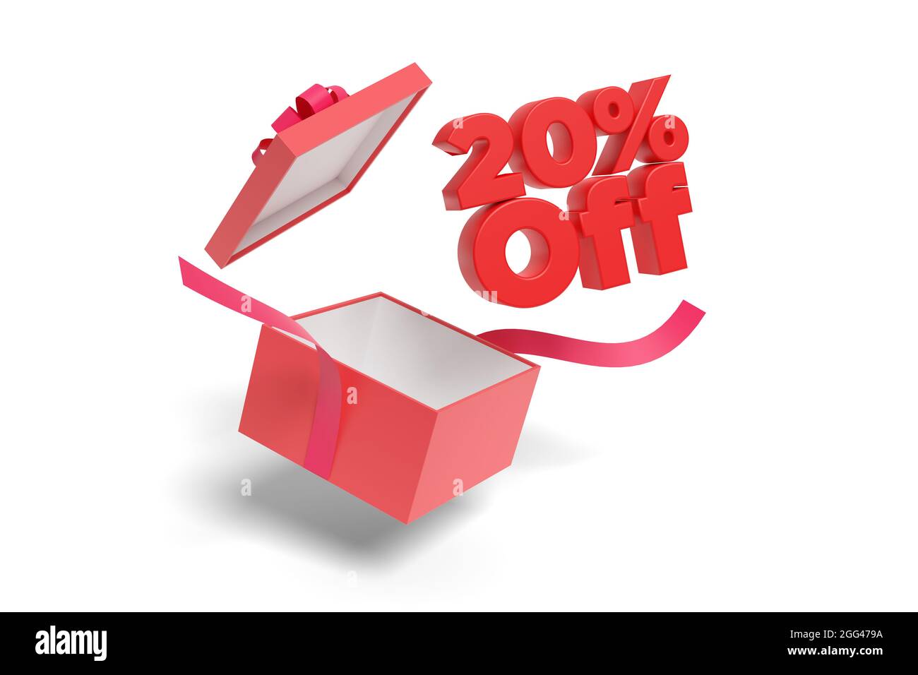 20 % Rabatt auf Text aus einer Geschenkbox, isoliert auf weißem Hintergrund. 3d-Illustration. Stockfoto