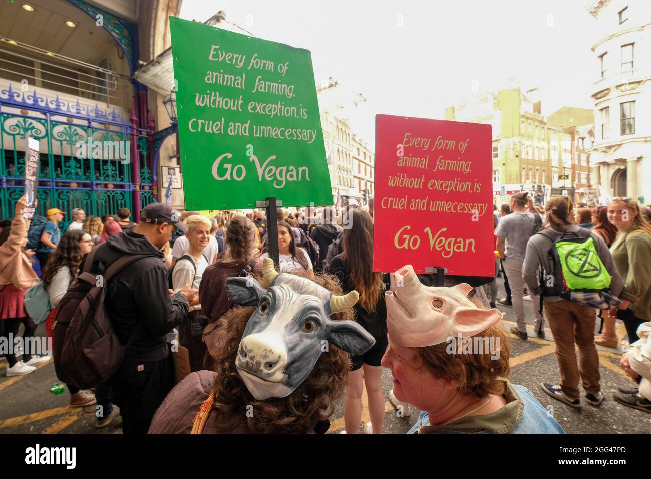 London, 27. August 2021: Rebellion des Aussterbens, protestmarsch der Tieraufstand beginnt am Smithfields Market in der City of London Stockfoto