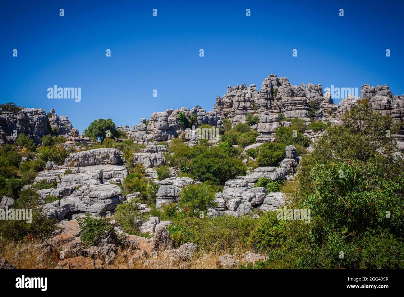 Blick auf den Naturpark El Torcal de Antequera. Stockfoto