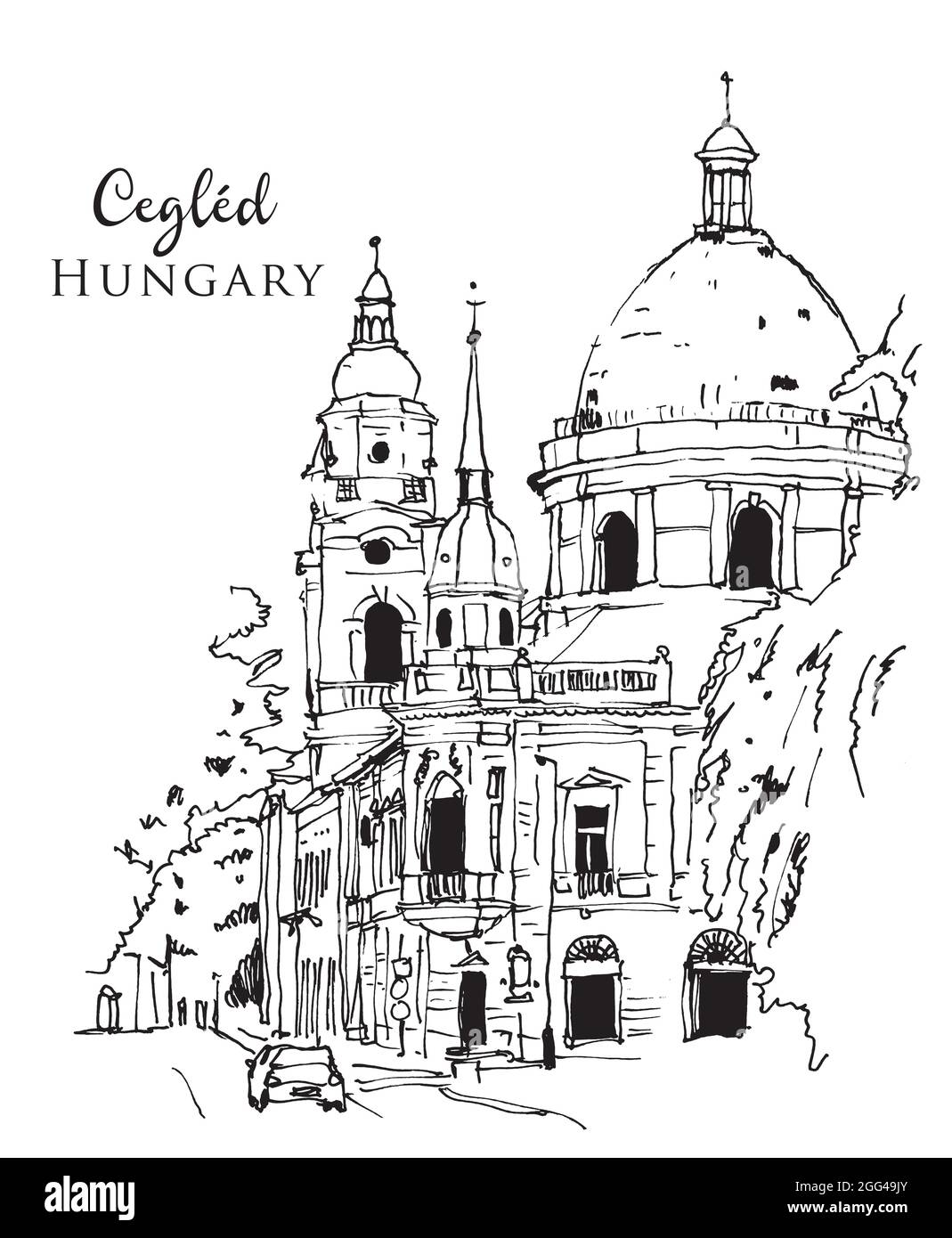 Vektor handgezeichnete Skizzendarstellung der kalvinistischen Kirche von Cegled, Ungarn Stock Vektor