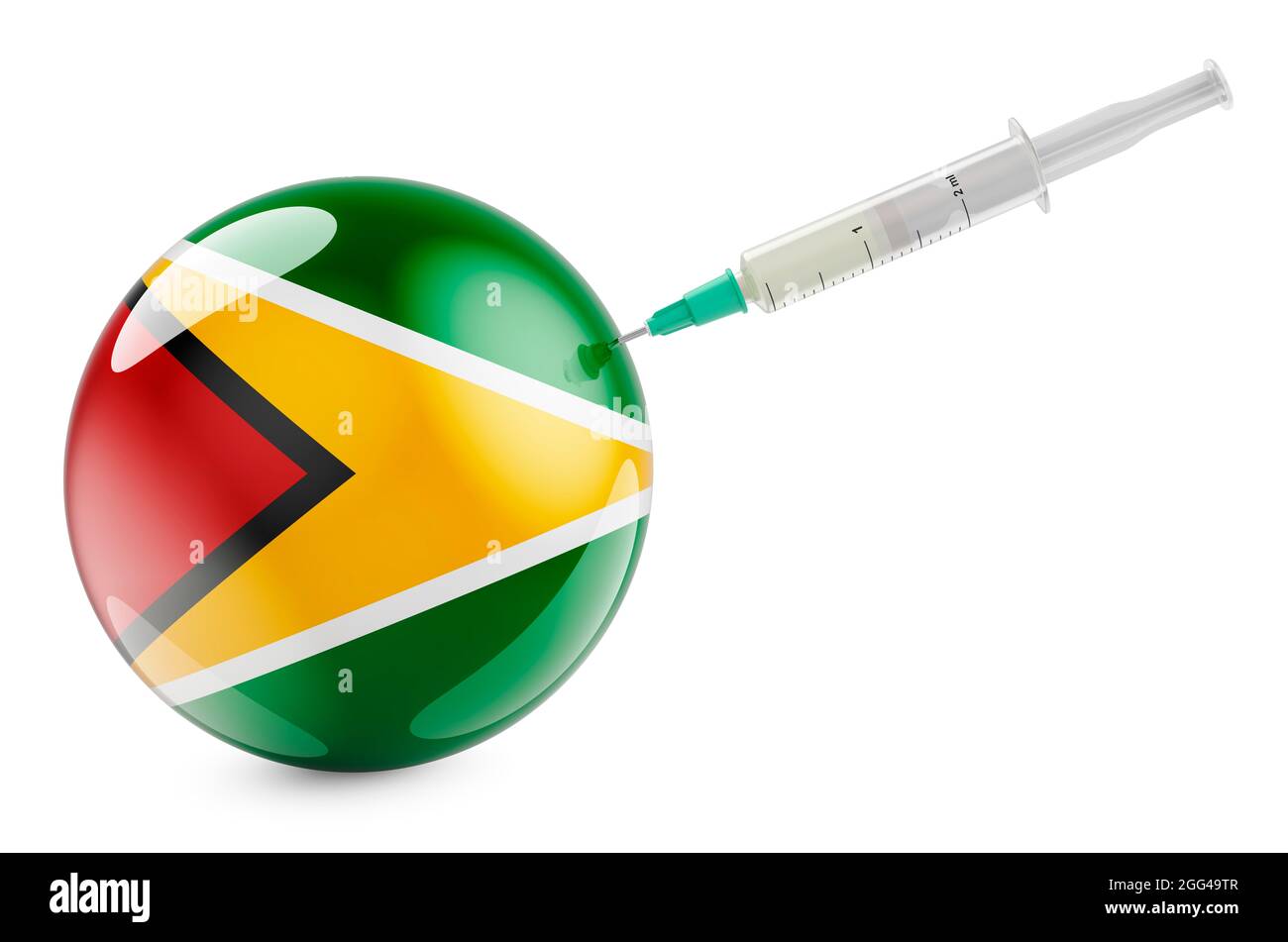 Spritze mit guyanischer Flagge. Impfung im Gayana-Konzept, 3D-Rendering isoliert auf weißem Hintergrund Stockfoto