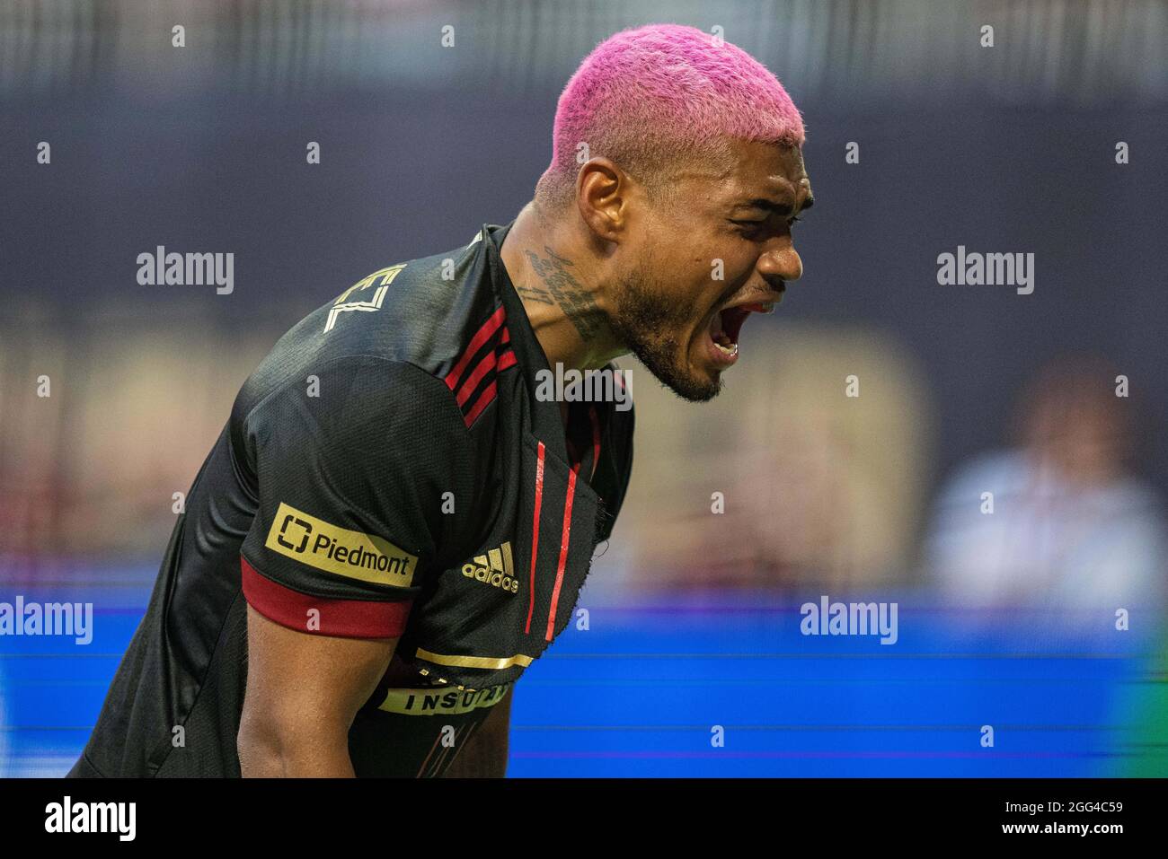 Josef Martinez (7) von Atlanta United reagiert, nachdem er in der zweiten Halbzeit während eines MLS-Fußballspiels zwischen dem SC Nashville und Atlanta United im Mercedes-Benz Stadium am Samstag, dem 28. August 2021 in Atlanta, GA, einen Kopfball verpasst hatte. Jacob Kupferman/CSM Stockfoto