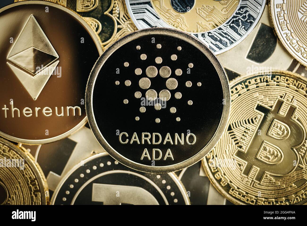 Nahaufnahme der Kryptowährung Cardano Ada, auf der Oberseite anderer Kryptowährungsmünzen Stockfoto