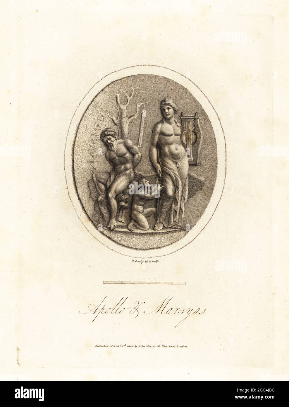 Apollo, der gott der Musik und des Tanzes, und der Satyr Marsyas. Apollo steht mit einer Leier, während Marsyas an einen Baum gebunden ist, um nach ihrem Wettkampf lebend ausgeflossen zu werden. In rotem Jaspis im Kabinett von Farnese in Neapel. Kupferstich gezeichnet und gestochen von Richard Dagley aus Gems, Selected from the Antique, mit Illustrationen, John Murray, London, 1804. Stockfoto