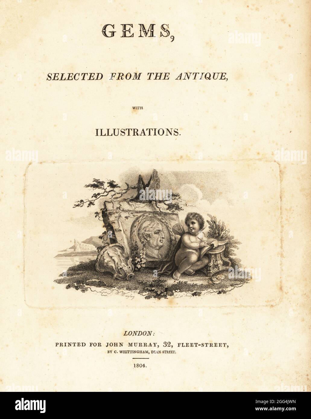 Titelseite mit Kalligraphie und Vignette von geflügelten Amor in einem Buch. In der Nähe antiker Ruinen mit Vase, Sockel, Münzen und Büste mit Kranz. Kupferstich gezeichnet und gestochen von Richard Dagley aus Gems, Selected from the Antique, mit Illustrationen, John Murray, London, 1804. Stockfoto