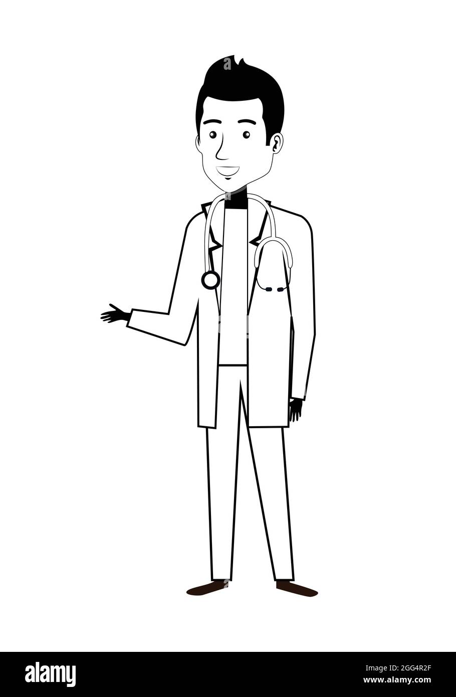 Cartoon-Figur des Arztes mit Schürze und Stethoskop. Symbol „Arzt gibt Vorschläge“. Medizinische Beratung und Unterstützung. Stock Vektor