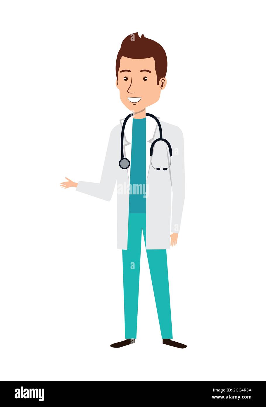 Cartoon-Figur des Arztes mit Schürze und Stethoskop. Symbol „Arzt gibt Vorschläge“. Medizinische Beratung und Unterstützung. Stock Vektor