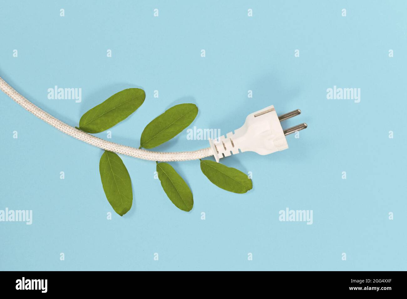Konzept für erneuerbare Energien mit Netzkabel und Stecker mit natürlichen Blättern auf blauem Hintergrund Stockfoto