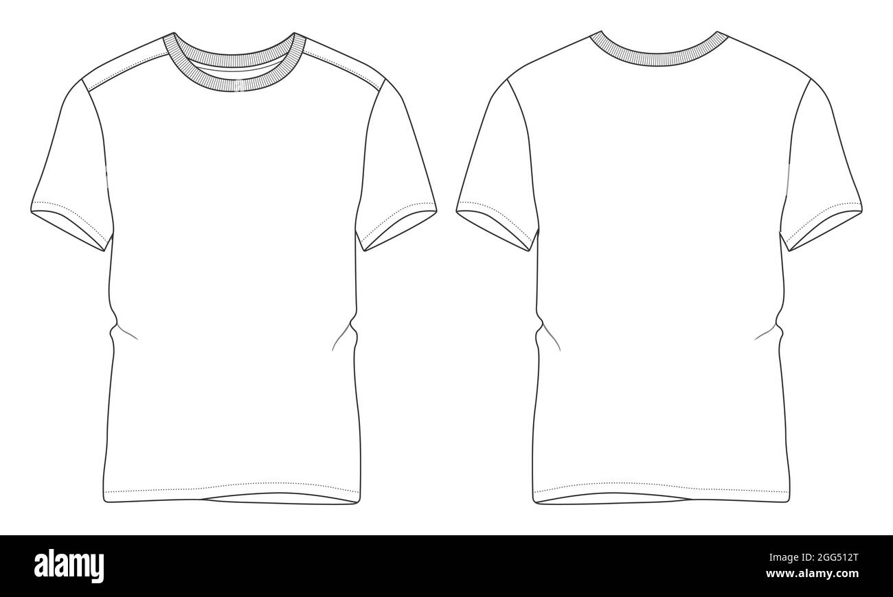 Baumwoll-Jersey Regular Fit Kurzarm-T-Shirt technische Sketch Mode flache Vorlage mit Rundhalsausschnitt. Vektor Illustration Basic Bekleidung Design. Stock Vektor