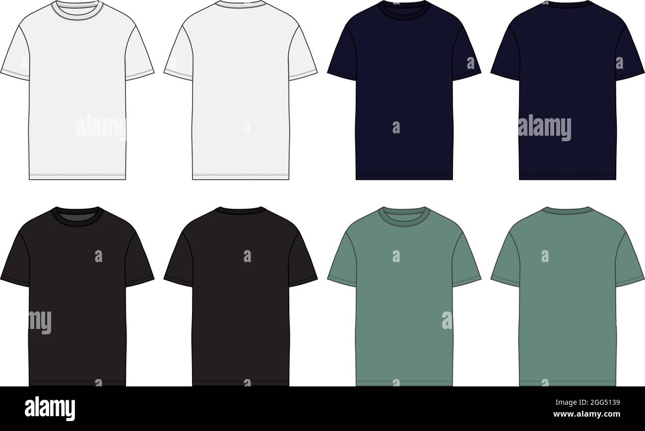 Verschiedene Farben Regular Fit Kurzarm T-Shirt technische Sketch Mode flache Vorlage mit Rundhalsausschnitt Vorder- und Rückansicht. Stock Vektor