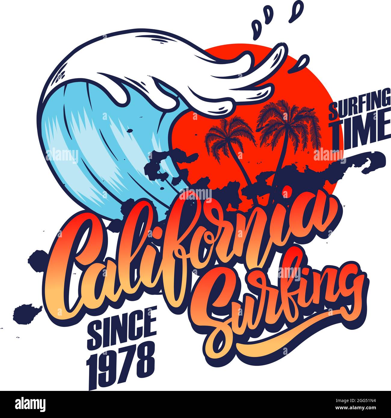 Surfen in Kalifornien. Emblem-Vorlage mit Wellen und Handflächen. Gestaltungselement für Plakat, Karte, Banner, Zeichen, Emblem. Vektorgrafik Stock Vektor