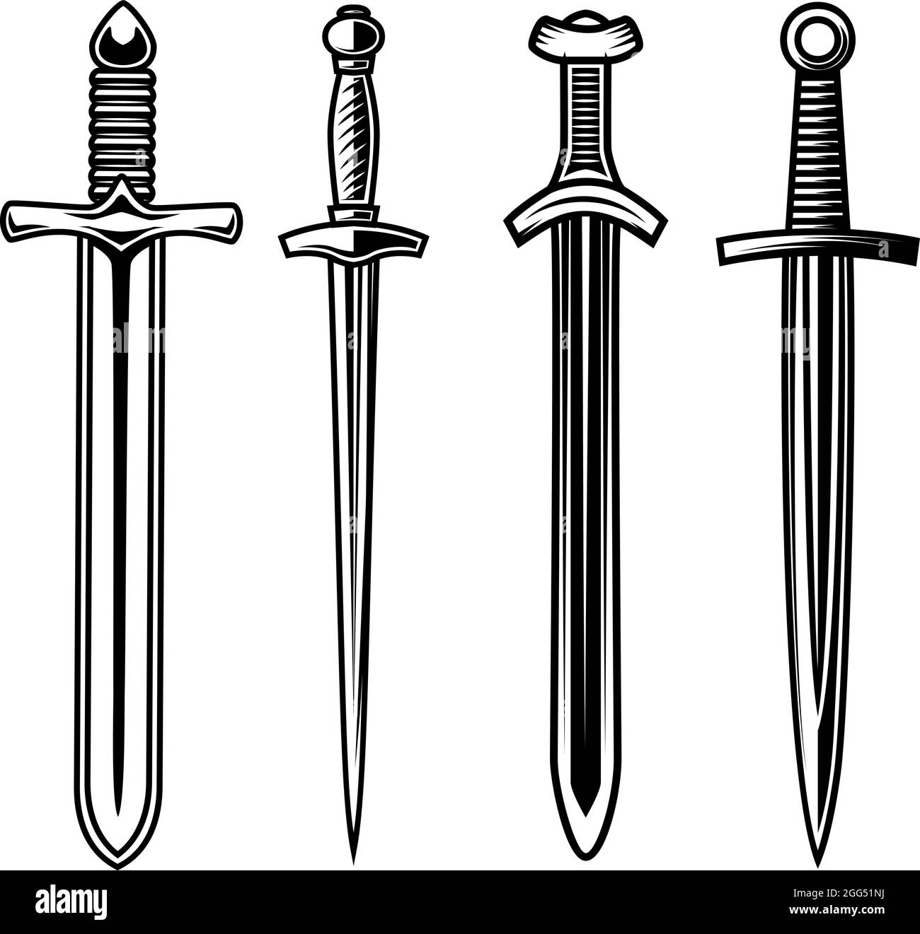 Set von Illustrationen von Ritter Schwertern. Gestaltungselement für Logo, Etikett, Schild, Emblem, Plakat. Vektorgrafik Stock Vektor