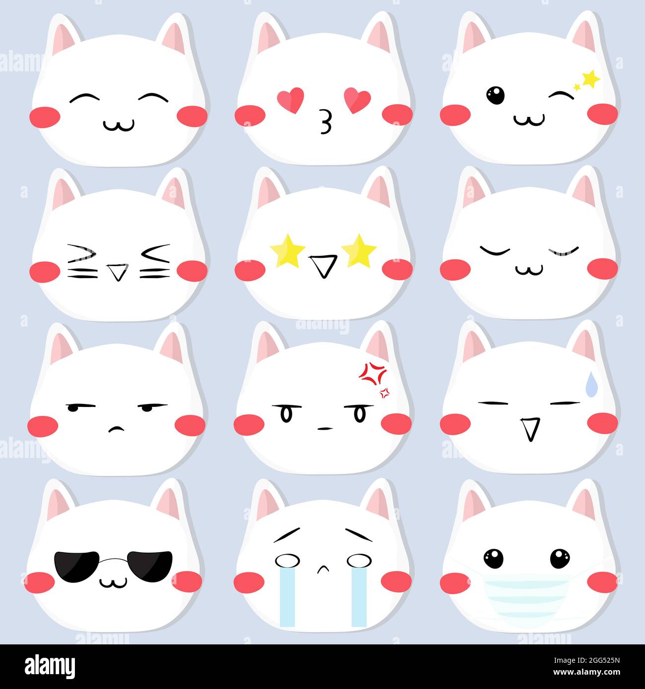 Niedliche Gesichter Katze Emojis Reaktion Aufkleber Set Vektor Illustration Stock Vektor