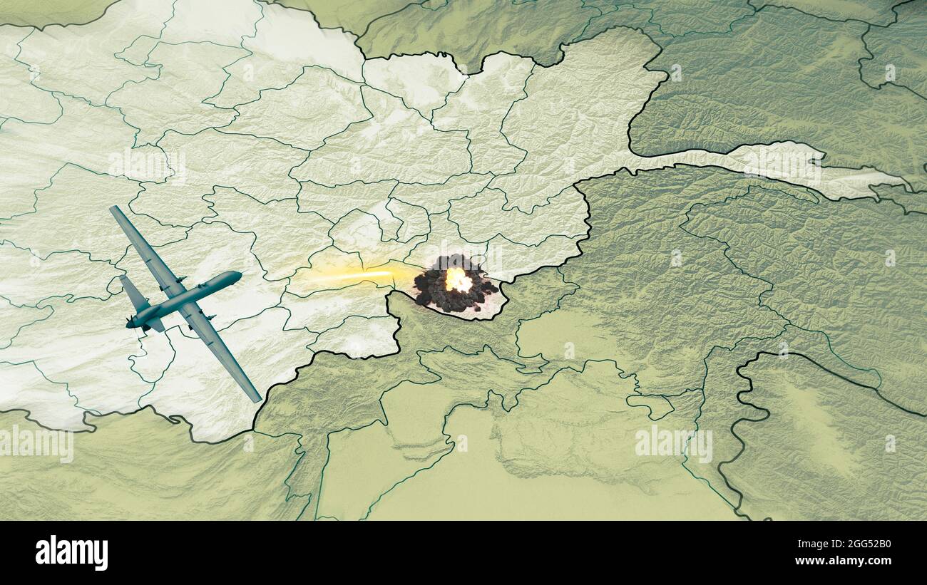 Amerikanischer Drohnenangriff in Afghanistan. Explosion einer Rakete, die  von einer Drohne gestartet wurde. Karte von Afghanistan und Bergketten.  MQ-9. 3d-Rendering Stockfotografie - Alamy