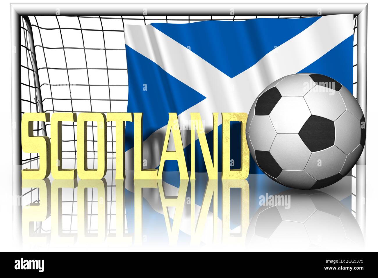 Schottland. Nationalflagge mit Fußball im Vordergrund. Sport Fußball - 3D Illustration Stockfoto