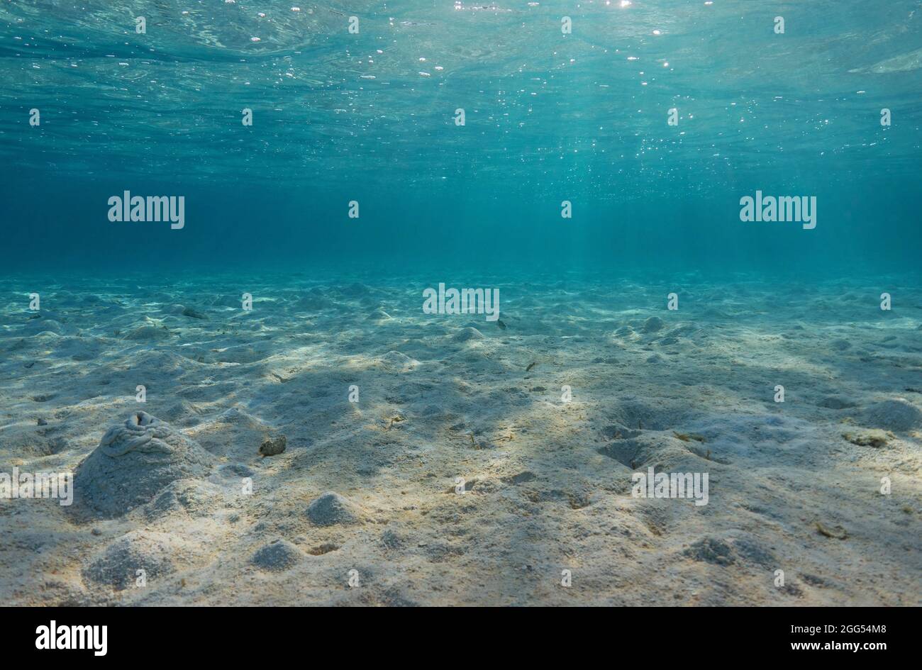 Natürliche Unterwasserlandschaft, Sand am Meeresboden und Wasseroberfläche mit Sonnenlicht, Bora Bora, Pazifischer Ozean, Französisch-Polynesien Stockfoto