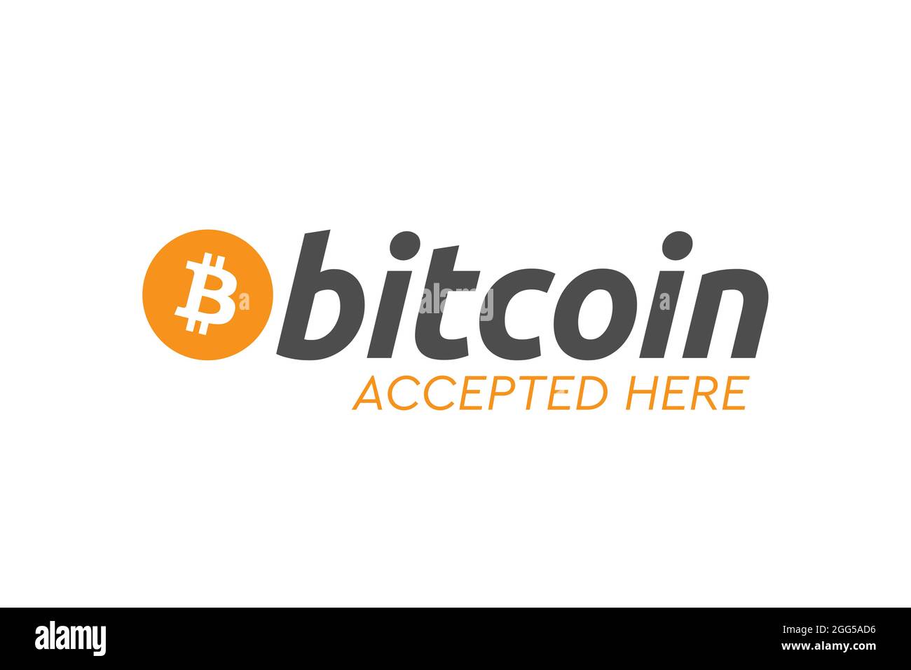 Bitcoin wird hier akzeptiert. Bitcoin BTC Logo Akzeptieren Sie die Zahlung per Krypto-Währung. Virtuelle Geldkryptowährung. Konzept für digitales Geld. Aufkleber Stockfoto