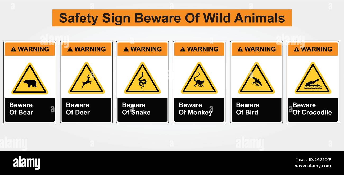 Warnschild Vorsicht vor wilden Tieren. Vorsicht vor Bär, Hirse, Schlange, Affe, Vogel, Und Vorsicht vor Krokodil. ANSI- und OSHA-Standardformate. Stock Vektor
