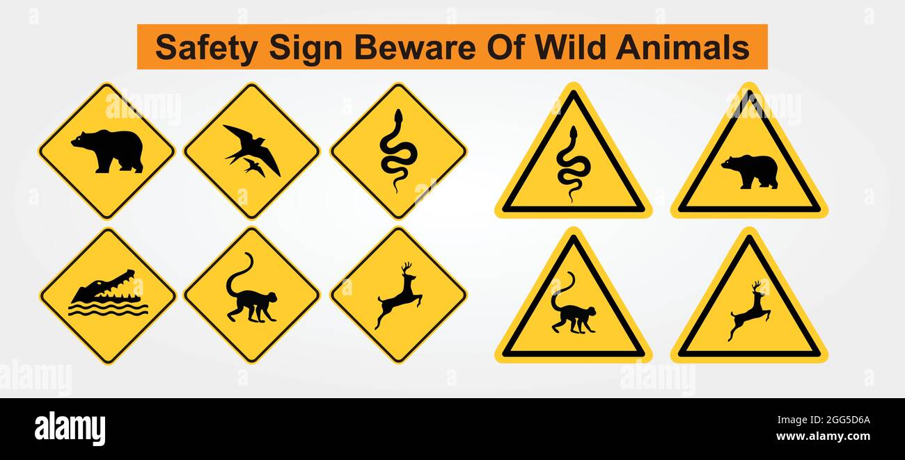 Warnschild Vorsicht vor wilden Tieren. Vorsicht vor Bär, Hirse, Schlange, Affe, Vogel, Und Vorsicht vor Krokodil. ANSI- und OSHA-Standardformate. Stock Vektor