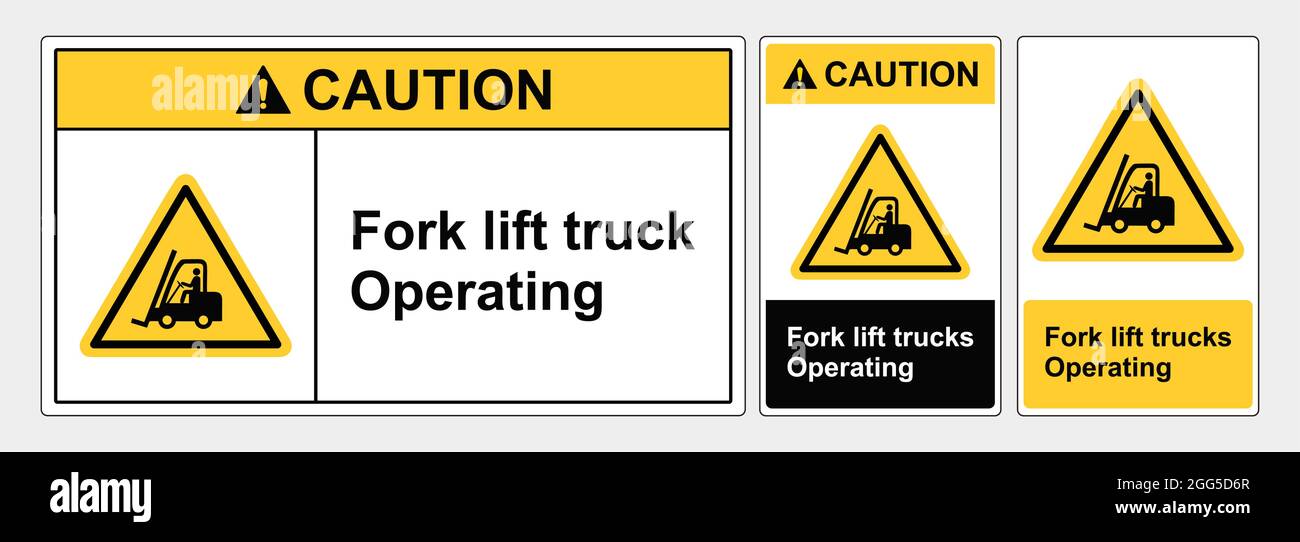 Warnschild Vorsicht Gabelstaplerbetrieb, Vektorgrafik, Zeichen Lanscape und Potrait Formen, ANSI und OSHA Standardformate. Stock Vektor