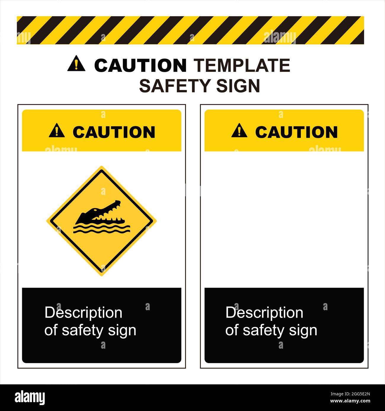 Vorlage für Sicherheitszeichen. ANSI- und OSHA-Standardformate. Sicherheitsschild Vorsicht Krokodile, Vorsicht vor wilden Tieren Stock Vektor