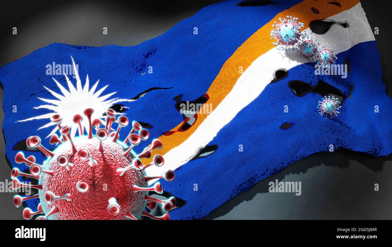 Covid auf den Marshall-Inseln - Coronavirus greift eine Nationalflagge der Marshall-Inseln als Symbol für einen Kampf und Kampf mit der Virus-Pandemie in t an Stockfoto