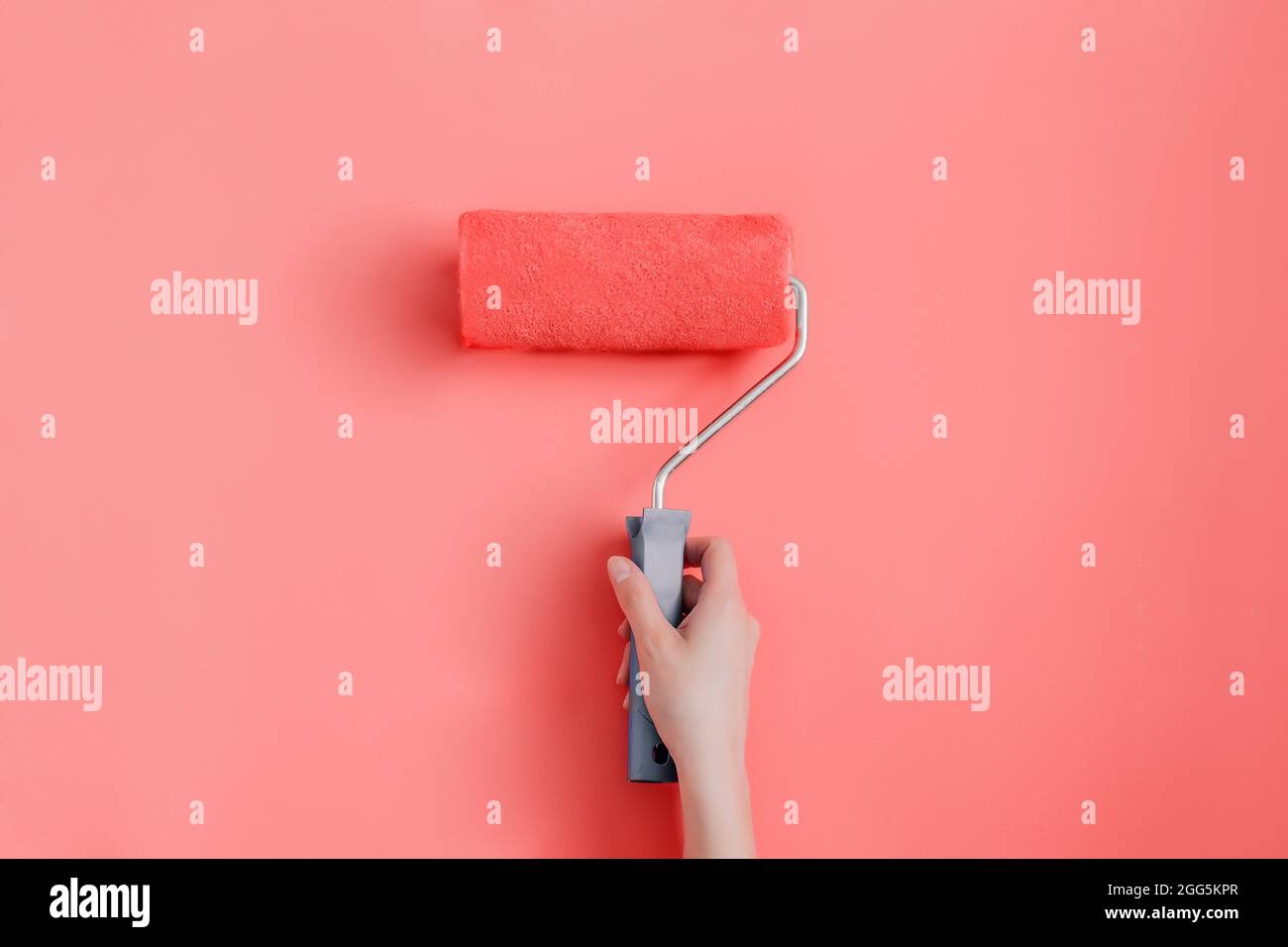 Reparaturlackierung der Wände in einer trendigen lebenden Korallenfarbe Stockfoto